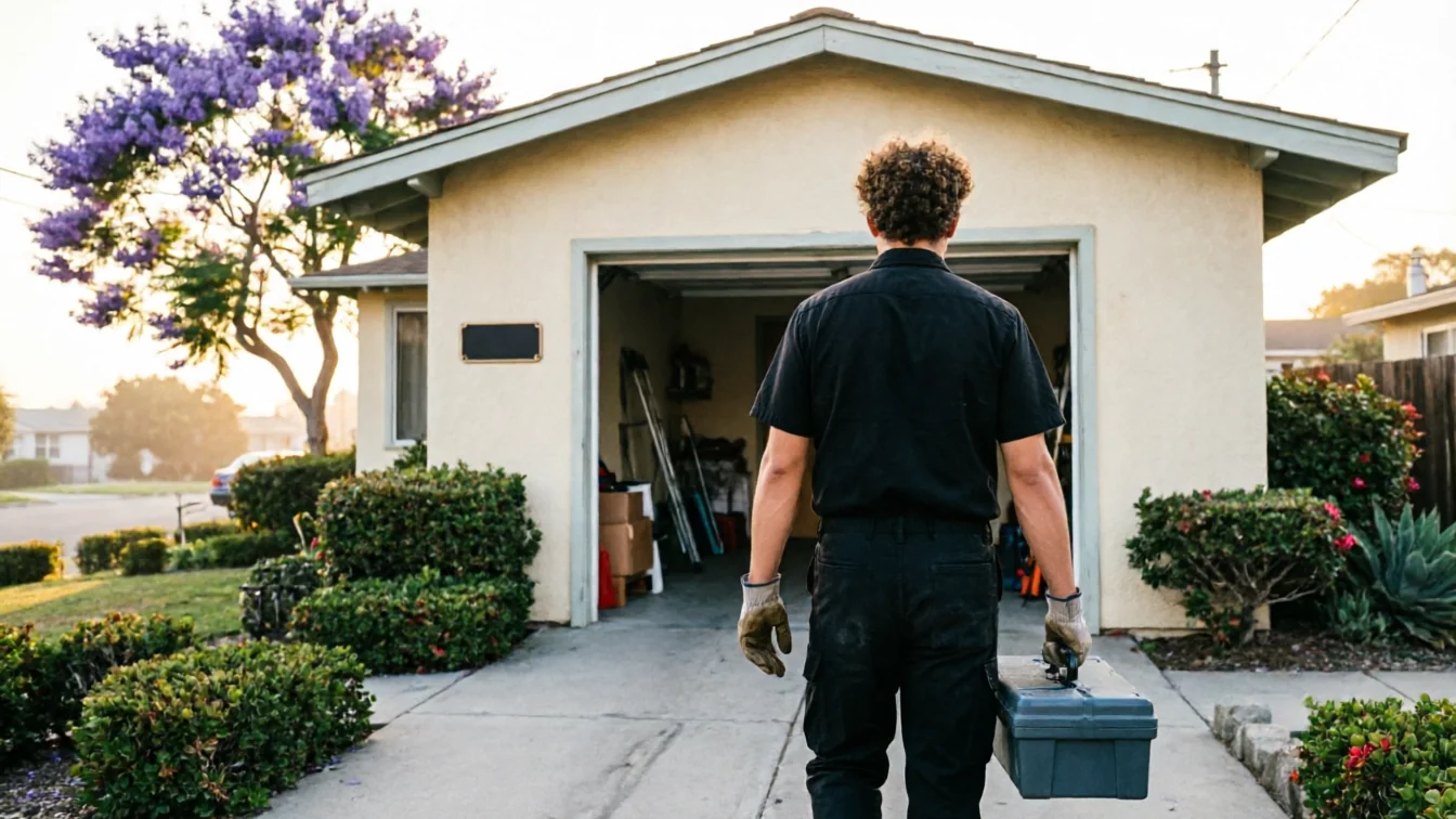 A technician carries a toolbox toward an open garage door.