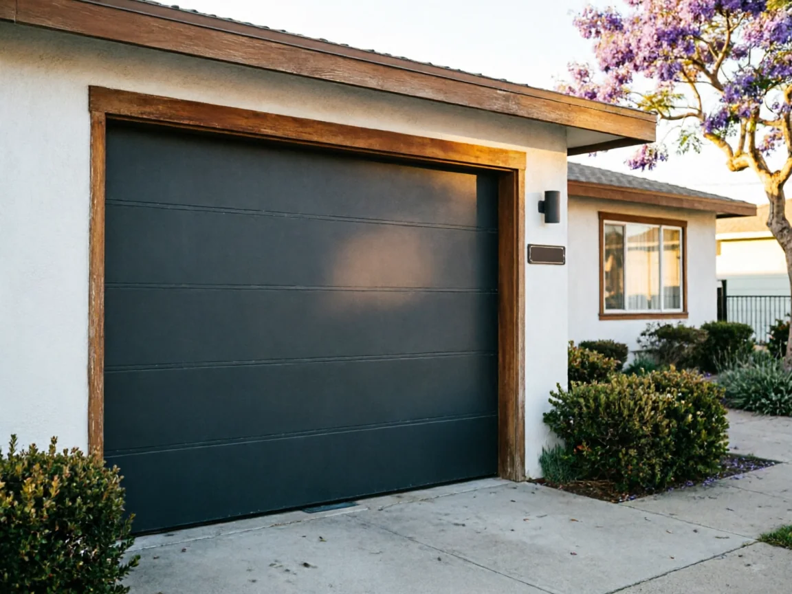 A dark gray garage door with horizontal panels on a white house.