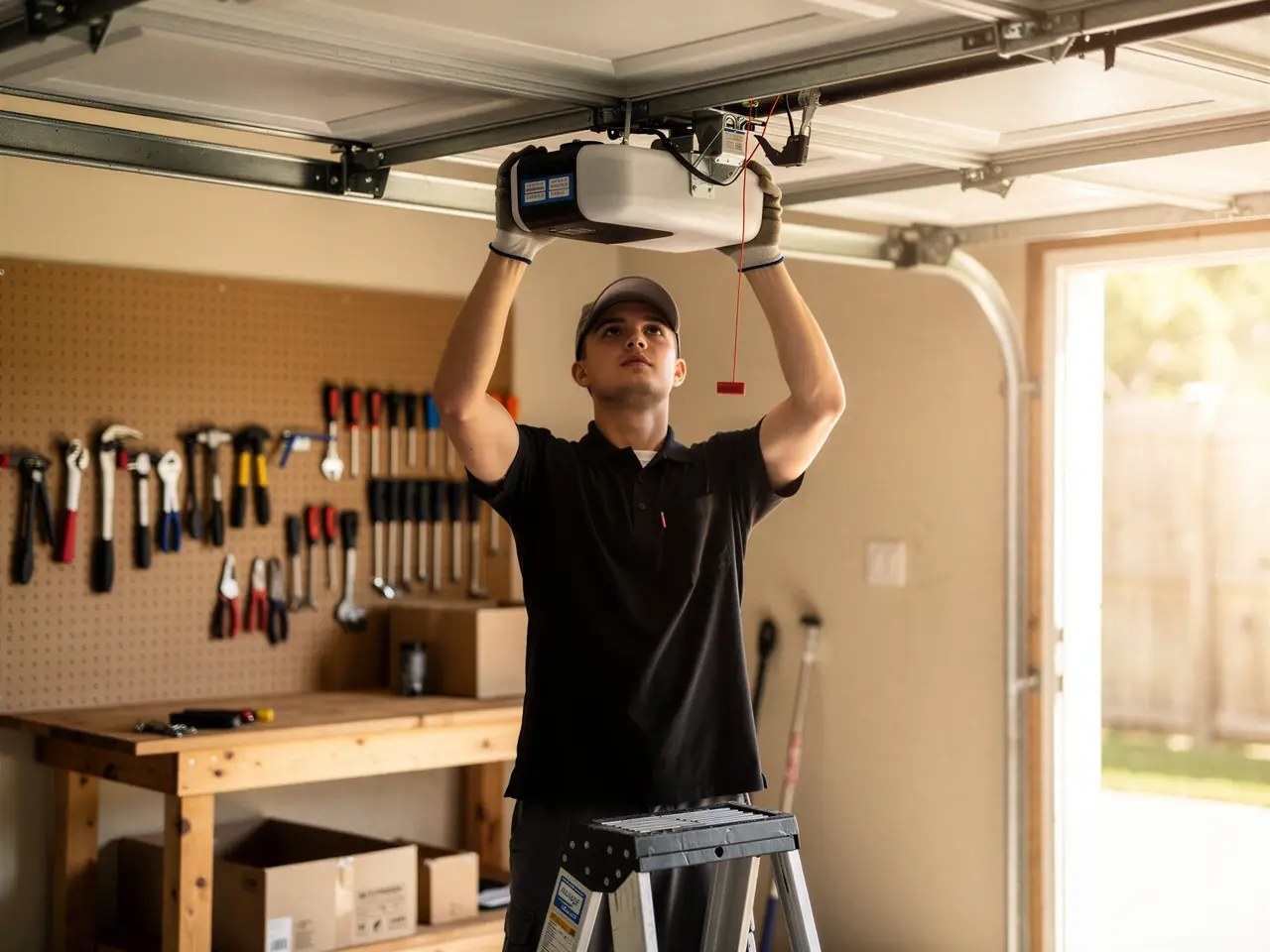 A technician on a ladder installs a garage door opener.
